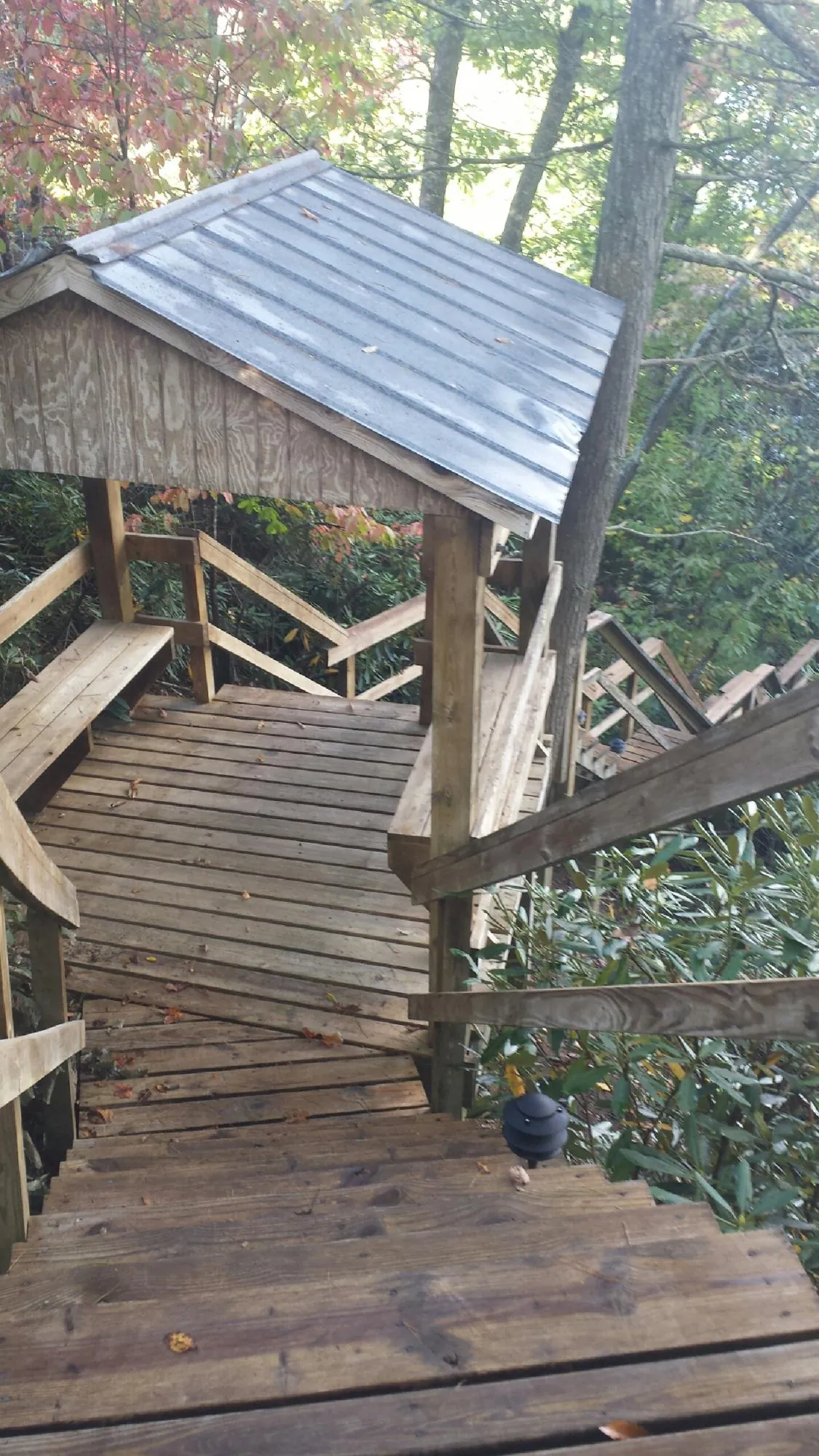 Metal roofed shelter over wooden steps on a wooded walkway — Skylight Repair & Installation work by our crew in Minerva